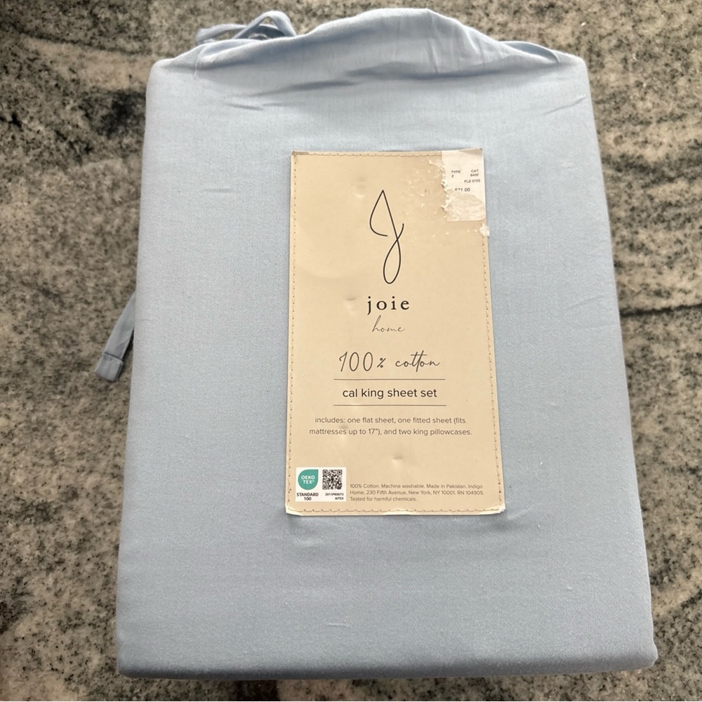 4-pc J Joie Home White 100% Cotton California King Sheet Set BLUE NWT